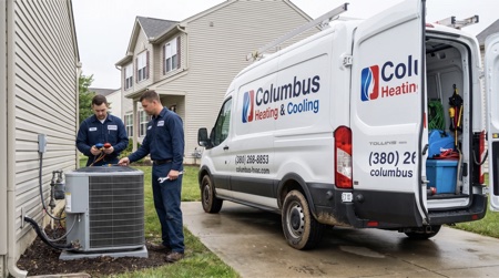 HVAC technicians performing AC maintenance at a Columbus residential home