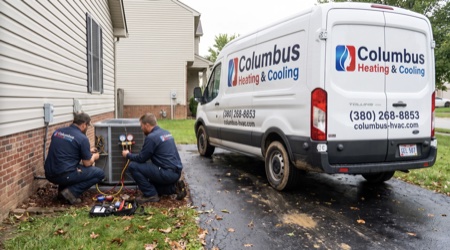 Columbus Heating & Cooling technicians servicing an outdoor HVAC unit